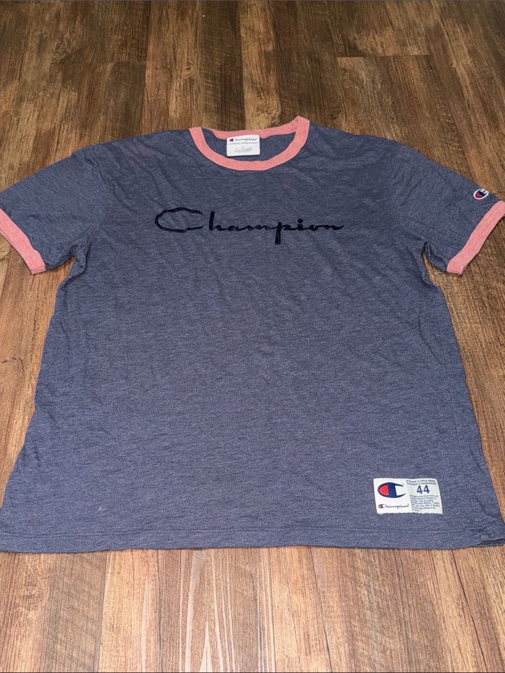 Champion Ringer T-Shirt Mens LG Pink Navy Blue Authentic Athletic Tee